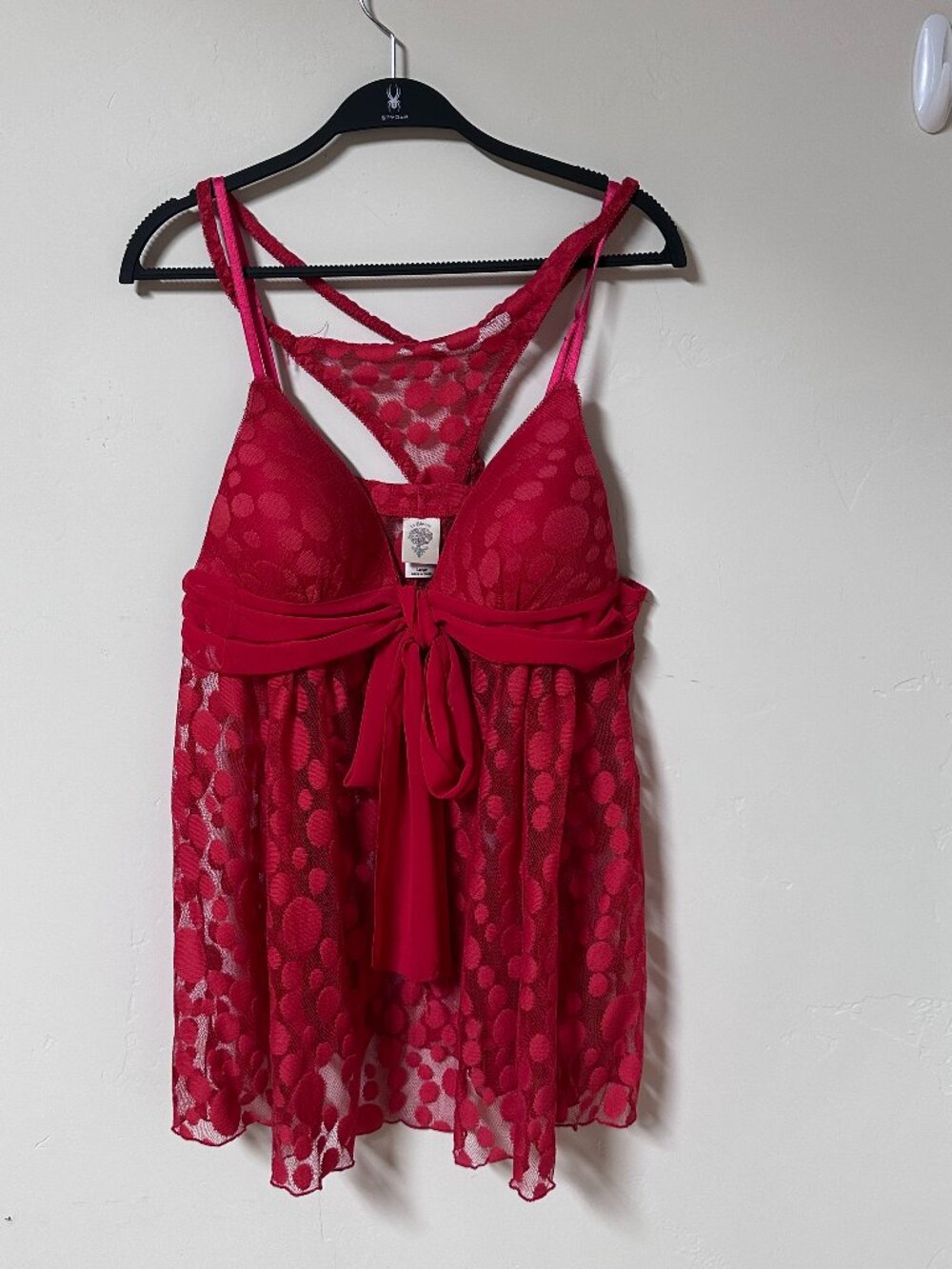 In Bloom by Jonquil Red Sheer Polka Dot Babydoll Lingerie Chemise Set Size L